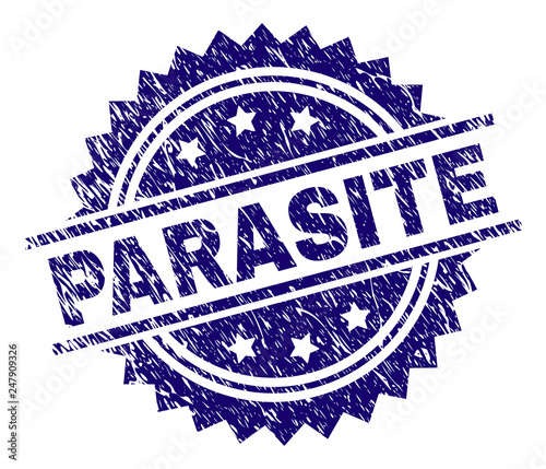 PARASITE stamp seal watermark with distress style. Blue vector rubber print of PARASITE tag with dirty texture.