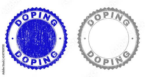 Grunge DOPING stamp seals isolated on a white background. Rosette seals with grunge texture in blue and grey colors. Vector rubber stamp imprint of DOPING text inside round rosette.
