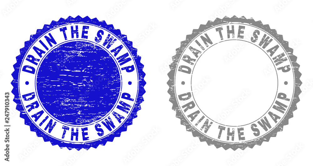 Grunge DRAIN THE SWAMP stamp seals isolated on a white background. Rosette seals with grunge texture in blue and grey colors. Vector rubber stamp imprint of DRAIN THE SWAMP title inside round rosette. Grunge DRAIN THE SWAMP stamp seals isolated on a white background. Rosette seals with grunge texture in blue and grey colors. Vector rubber stamp imprint of DRAIN THE SWAMP title inside round rosette.