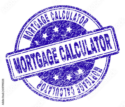 MORTGAGE CALCULATOR stamp seal imprint with distress texture. Designed with rounded rectangles and circles. Blue vector rubber print of MORTGAGE CALCULATOR title with dirty texture.