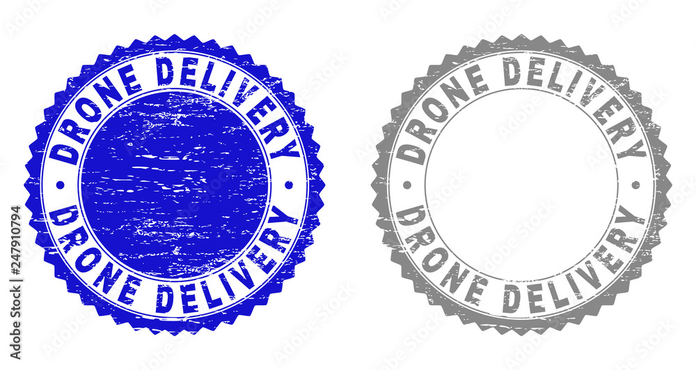 Grunge DRONE DELIVERY stamp seals isolated on a white background. Rosette seals with grunge texture in blue and gray colors. Vector rubber stamp imprint of DRONE DELIVERY tag inside round rosette.