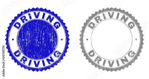 Grunge DRIVING stamp seals isolated on a white background. Rosette seals with grunge texture in blue and grey colors. Vector rubber overlay of DRIVING title inside round rosette.