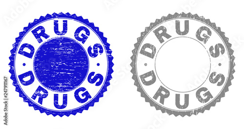 Grunge DRUGS stamp seals isolated on a white background. Rosette seals with grunge texture in blue and gray colors. Vector rubber stamp imprint of DRUGS title inside round rosette.