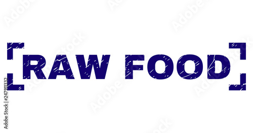 RAW FOOD text seal stamp with corroded texture. Text tag is placed between corners. Blue vector rubber print of RAW FOOD with unclean texture.