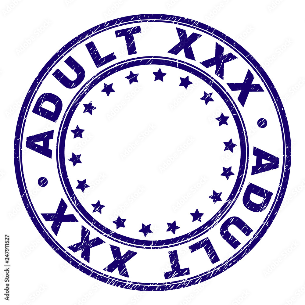ADULT XXX stamp seal watermark with grunge texture. Designed with round shapes and stars. Blue vector rubber print of ADULT XXX title with retro texture.