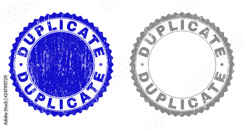 Grunge DUPLICATE stamp seals isolated on a white background. Rosette seals with grunge texture in blue and grey colors. Vector rubber stamp imprint of DUPLICATE caption inside round rosette.