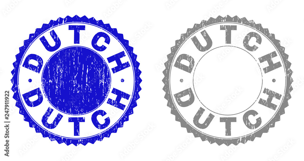Grunge DUTCH stamp seals isolated on a white background. Rosette seals with distress texture in blue and grey colors. Vector rubber stamp imprint of DUTCH text inside round rosette. Grunge DUTCH stamp seals isolated on a white background. Rosette seals with distress texture in blue and grey colors. Vector rubber stamp imprint of DUTCH text inside round rosette.
