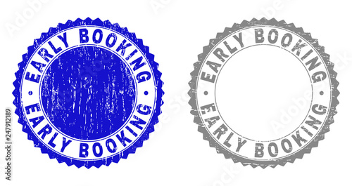 Grunge EARLY BOOKING stamp seals isolated on a white background. Rosette seals with grunge texture in blue and grey colors. Vector rubber stamp imprint of EARLY BOOKING caption inside round rosette.