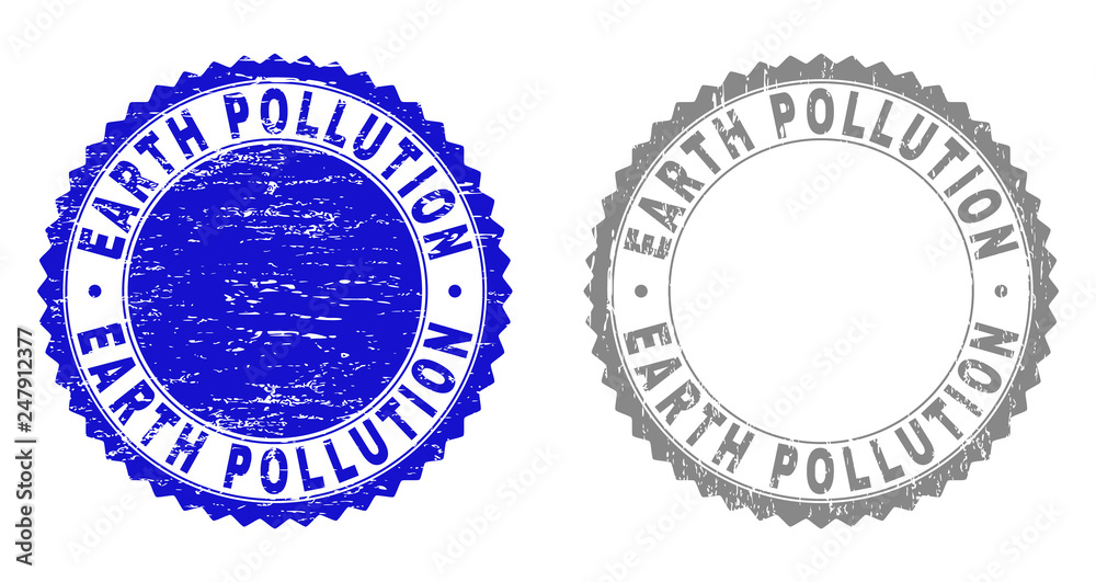 Grunge EARTH POLLUTION stamp seals isolated on a white background. Rosette seals with distress texture in blue and grey colors. Vector rubber watermark of EARTH POLLUTION text inside round rosette.