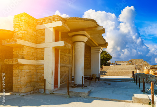 scenic ruins of Minoan Palace of Knossos. Knossos palace is the largest archaeological site on Crete of the Minoan civilization and culture