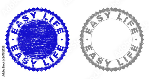 Grunge EASY LIFE stamp seals isolated on a white background. Rosette seals with grunge texture in blue and grey colors. Vector rubber stamp imprint of EASY LIFE caption inside round rosette.