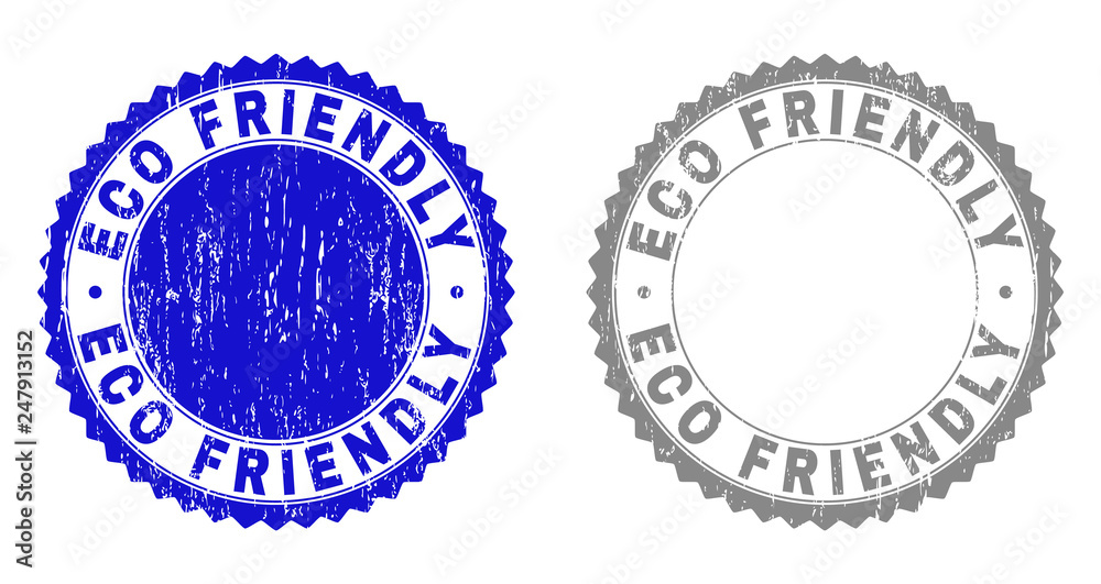 Grunge ECO FRIENDLY stamp seals isolated on a white background. Rosette seals with distress texture in blue and grey colors. Vector rubber stamp imprint of ECO FRIENDLY caption inside round rosette.
