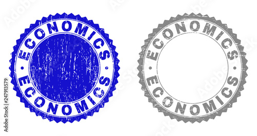 Grunge ECONOMICS stamp seals isolated on a white background. Rosette seals with grunge texture in blue and grey colors. Vector rubber stamp imitation of ECONOMICS label inside round rosette.