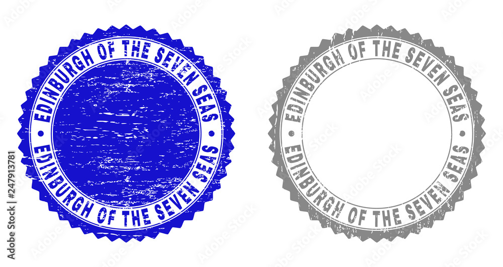 Grunge EDINBURGH OF THE SEVEN SEAS stamp seals isolated on a white background. Rosette seals with distress texture in blue and grey colors. Grunge EDINBURGH OF THE SEVEN SEAS stamp seals isolated on a white background. Rosette seals with distress texture in blue and grey colors.