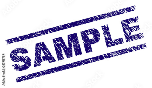 SAMPLE seal print with grunge style. Blue vector rubber print of SAMPLE tag with grunge texture. Text tag is placed between parallel lines.