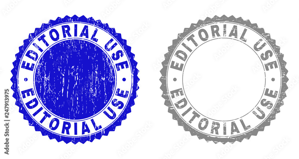 Grunge EDITORIAL USE stamp seals isolated on a white background. Rosette seals with grunge texture in blue and gray colors. Vector rubber overlay of EDITORIAL USE caption inside round rosette.