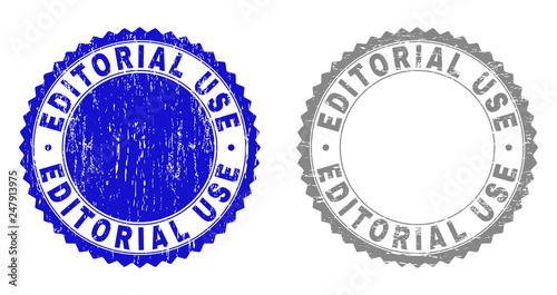 Grunge EDITORIAL USE stamp seals isolated on a white background. Rosette seals with grunge texture in blue and gray colors. Vector rubber overlay of EDITORIAL USE caption inside round rosette.