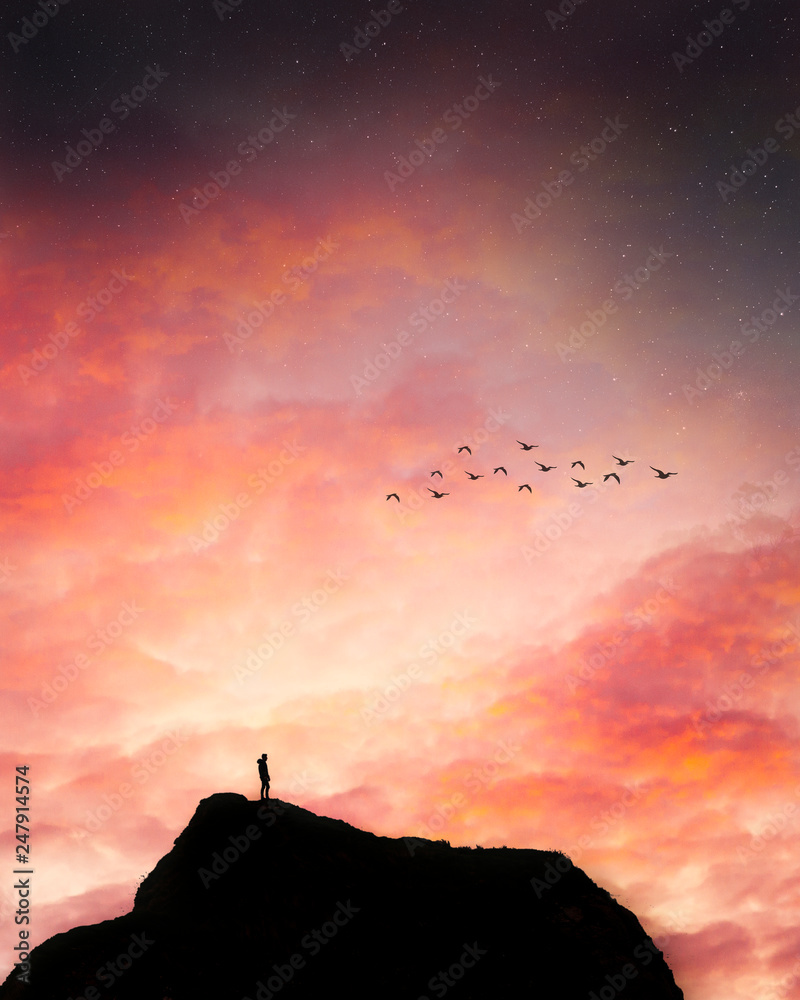 Person and Mountains in Fantasy Landscape at Sunset