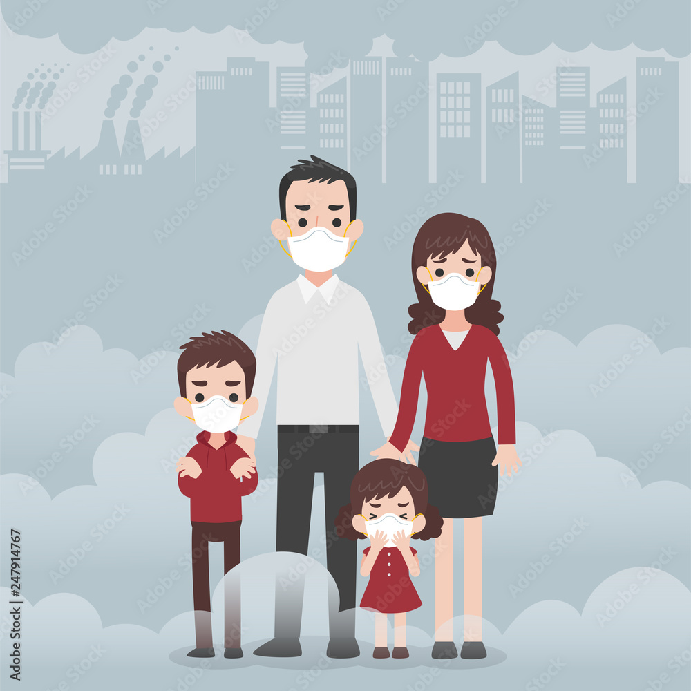 People wearing protective face masks Character Medical Health care concept, factory pipes emitting smoke on background. Fine dust, PM 2.5, air pollution, industrial smog, pollutant gas emission. People wearing protective face masks Character Medical Health care concept, factory pipes emitting smoke on background. Fine dust, PM 2.5, air pollution, industrial smog, pollutant gas emission.