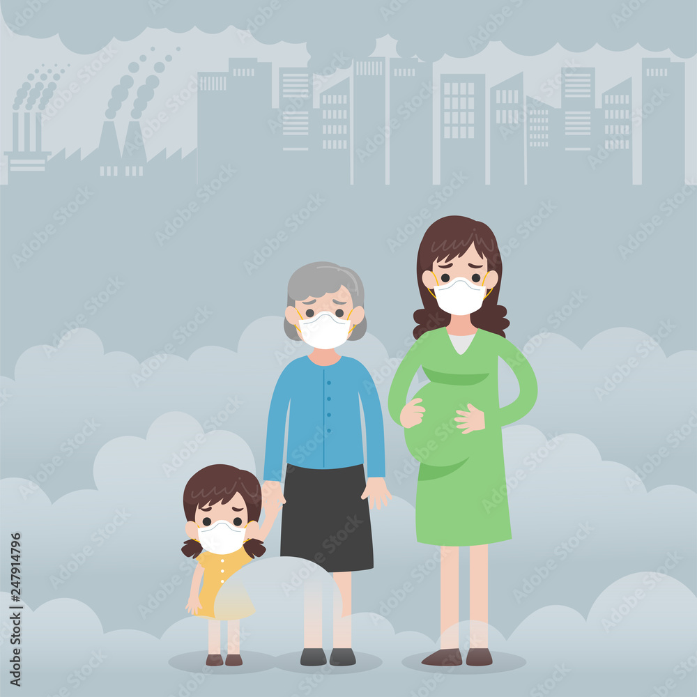 People wearing protective face masks Character Medical Health care concept, kid, old woman, pregnant woman. Fine dust, PM 2.5, air pollution, industrial smog, pollutant gas emission.