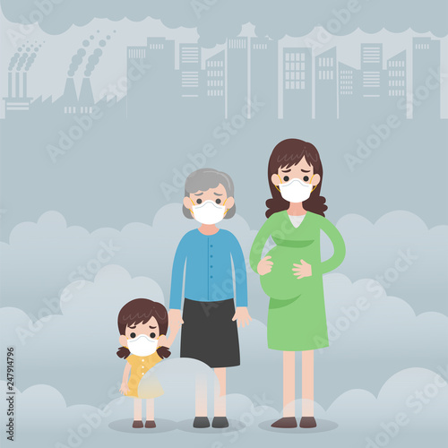 People wearing protective face masks Character Medical Health care concept  kid  old woman  pregnant woman. Fine dust  PM 2.5  air pollution  industrial smog  pollutant gas emission.