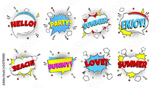8 Comic Lettering Summer In The Speech Bubbles Comic Style Flat Design. Dynamic Pop Art Vector Illustration Isolated On White Background. Exclamation Concept Of Comic Book Style Pop Art Voice Phrase.