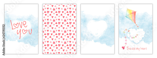 Valentines day watercolor card collection, greeting templates with kite, hearts and clouds. Hand drawn illustration, aquarelle postcard set with childish design