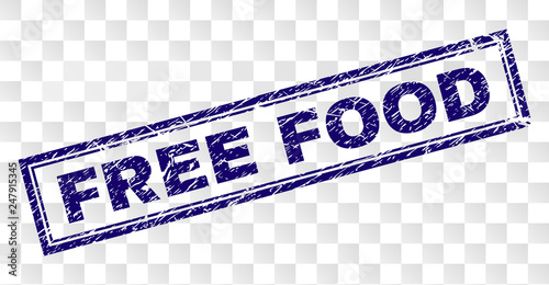 FREE FOOD stamp seal print with rubber print style and double framed rectangle shape. Stamp is placed on a transparent background. Blue vector rubber print of FREE FOOD caption with unclean texture.