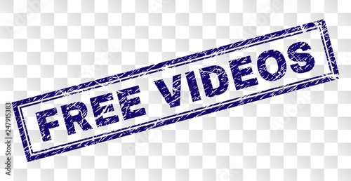 FREE VIDEOS stamp seal print with grainy style and double framed rectangle shape. Stamp is placed on a transparent background. Blue vector rubber print of FREE VIDEOS label with corroded texture.