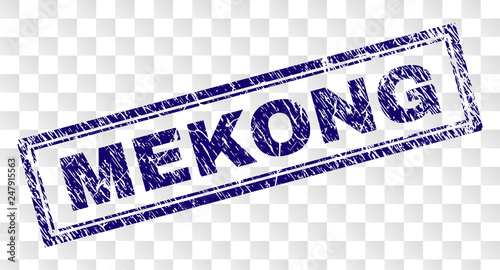 MEKONG stamp seal watermark with rubber print style and double framed rectangle shape. Stamp is placed on a transparent background. Blue vector rubber print of MEKONG tag with unclean texture.