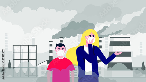 Confused woman and kid in masks against smog. Fine dust, air pollution, industrial smog protection concept flat style design vector illustration. Industrial factory pipes with huge clouds of smoke.