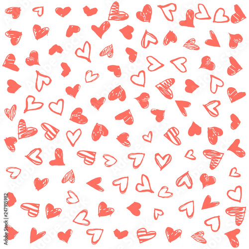 Romantic background with hand drawn doodle hearts. Valentines day vector backdrop, design template for wedding card, invitations, textile, banner, greeting, wrapping