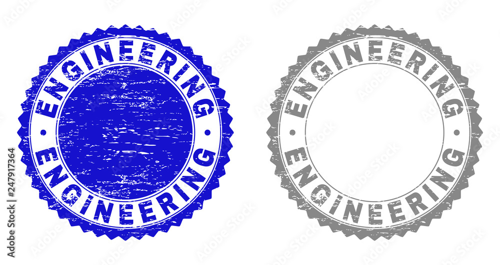 Grunge ENGINEERING stamp seals isolated on a white background. Rosette seals with grunge texture in blue and gray colors. Vector rubber overlay of ENGINEERING title inside round rosette.