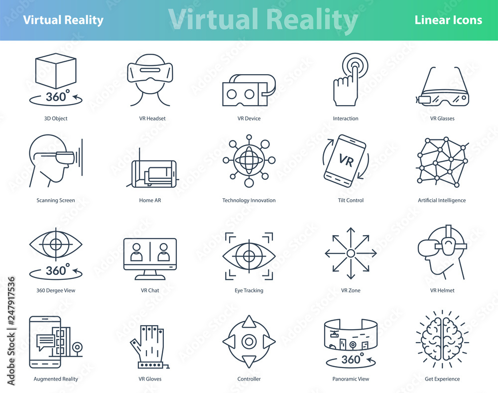 Set of black outline virtual reality icons