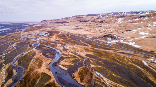 Flussbett mit vielen Armen aus der Luft, Island
