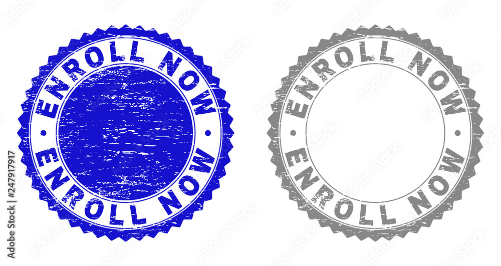 Grunge ENROLL NOW stamp seals isolated on a white background. Rosette seals with grunge texture in blue and gray colors. Vector rubber stamp imprint of ENROLL NOW tag inside round rosette.