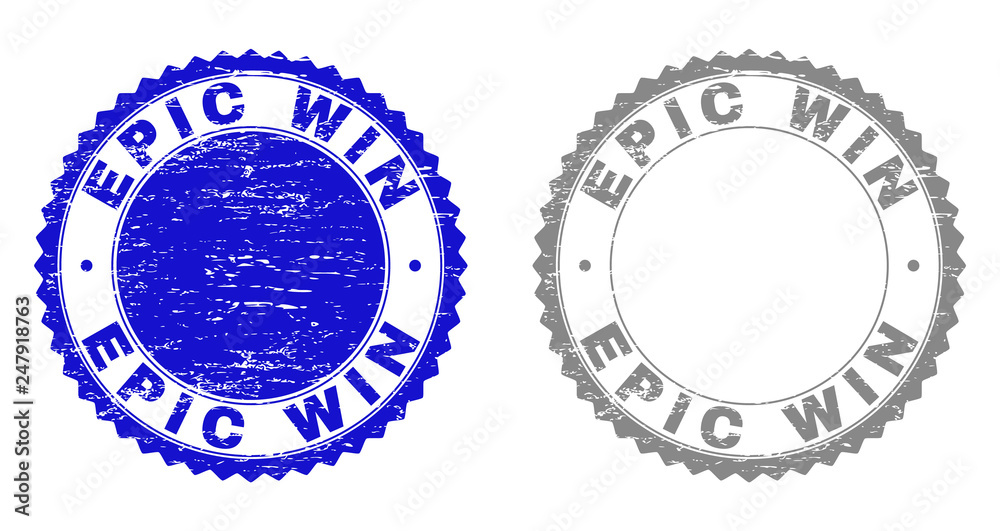 Grunge EPIC WIN stamp seals isolated on a white background. Rosette seals  with grunge texture in blue and gray colors. Vector rubber stamp imprint of EPIC  WIN title inside round rosette. Stock