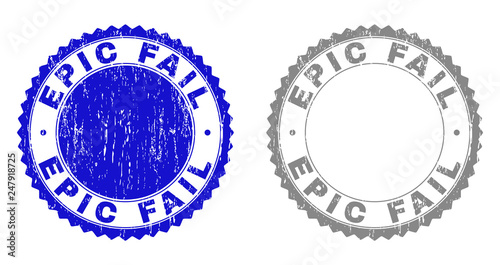 Grunge EPIC FAIL watermarks isolated on a white background. Rosette seals with grunge texture in blue and gray colors. Vector rubber stamp imitation of EPIC FAIL text inside round rosette.