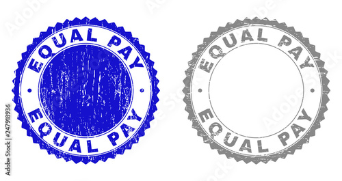 Grunge EQUAL PAY stamp seals isolated on a white background. Rosette seals with grunge texture in blue and gray colors. Vector rubber stamp imitation of EQUAL PAY title inside round rosette.