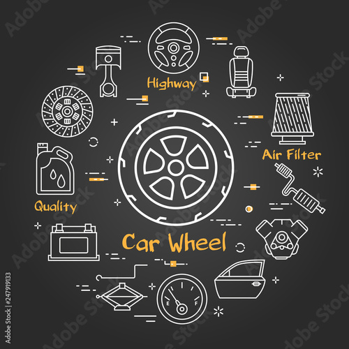 Vector black linear banner of car wheel
