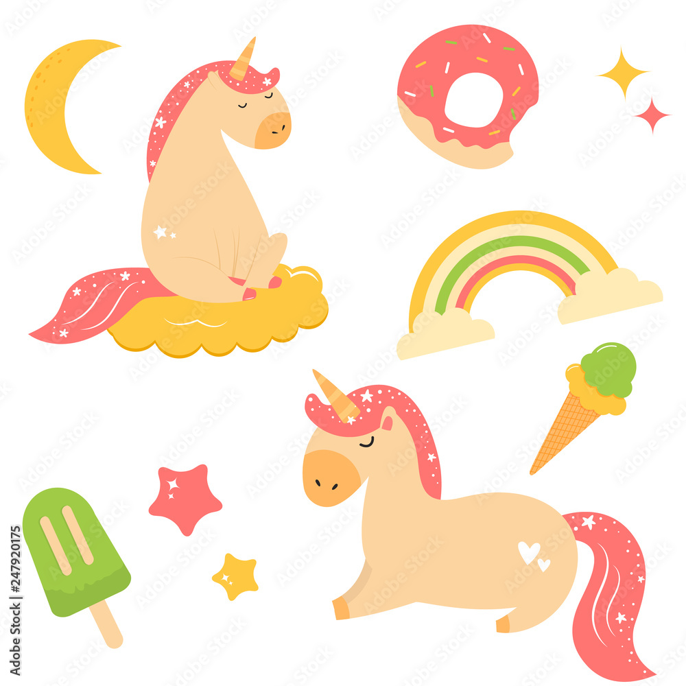 Naklejka premium Set of Cute magical unicorns with bright elements