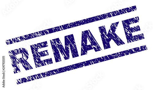 REMAKE seal print with scratced style. Blue vector rubber print of REMAKE text with unclean texture. Text title is placed between parallel lines.