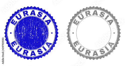 Grunge EURASIA stamp seals isolated on a white background. Rosette seals with grunge texture in blue and gray colors. Vector rubber overlay of EURASIA tag inside round rosette.