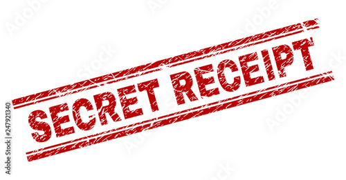 SECRET RECEIPT seal watermark with distress texture. Red vector rubber print of SECRET RECEIPT text with unclean texture. Text title is placed between double parallel lines.
