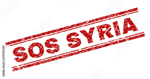 SOS SYRIA seal print with distress style. Red vector rubber print of SOS SYRIA caption with retro texture. Text tag is placed between double parallel lines.