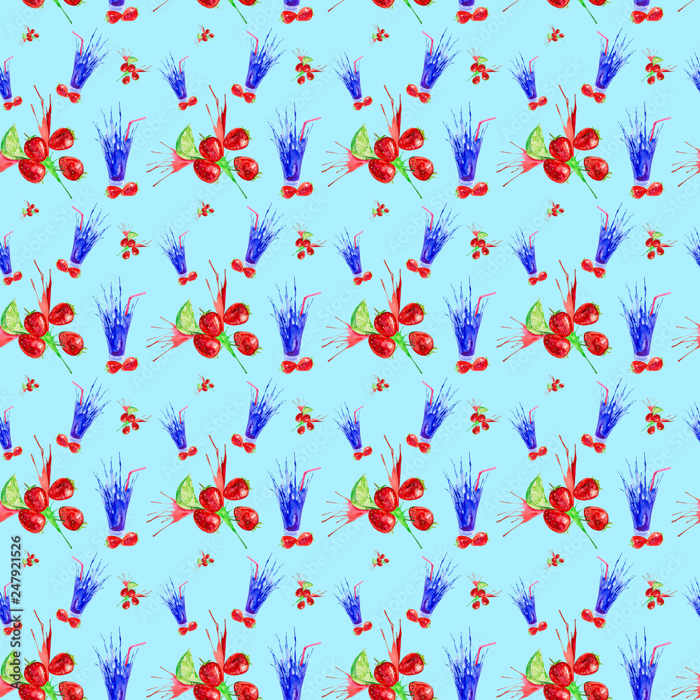 Watercolor illustration of strawberry,lime and juice splash in a glass. Isolated on blue background. Seamless pattern