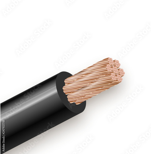 Flexible power copper cable isolated on white background. Copper multi-core cable with black insulation. Close-up section. Power wire. Vector illustration