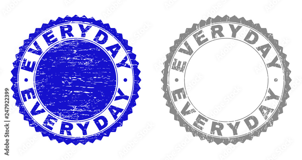 Grunge EVERYDAY stamp seals isolated on a white background. Rosette seals with grunge texture in blue and gray colors. Vector rubber stamp imitation of EVERYDAY title inside round rosette.