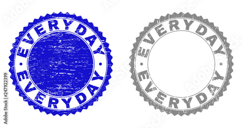 Grunge EVERYDAY stamp seals isolated on a white background. Rosette seals with grunge texture in blue and gray colors. Vector rubber stamp imitation of EVERYDAY title inside round rosette.