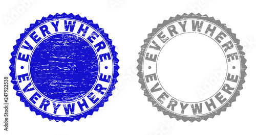 Grunge EVERYWHERE stamp seals isolated on a white background. Rosette seals with distress texture in blue and grey colors. Vector rubber stamp imprint of EVERYWHERE caption inside round rosette.